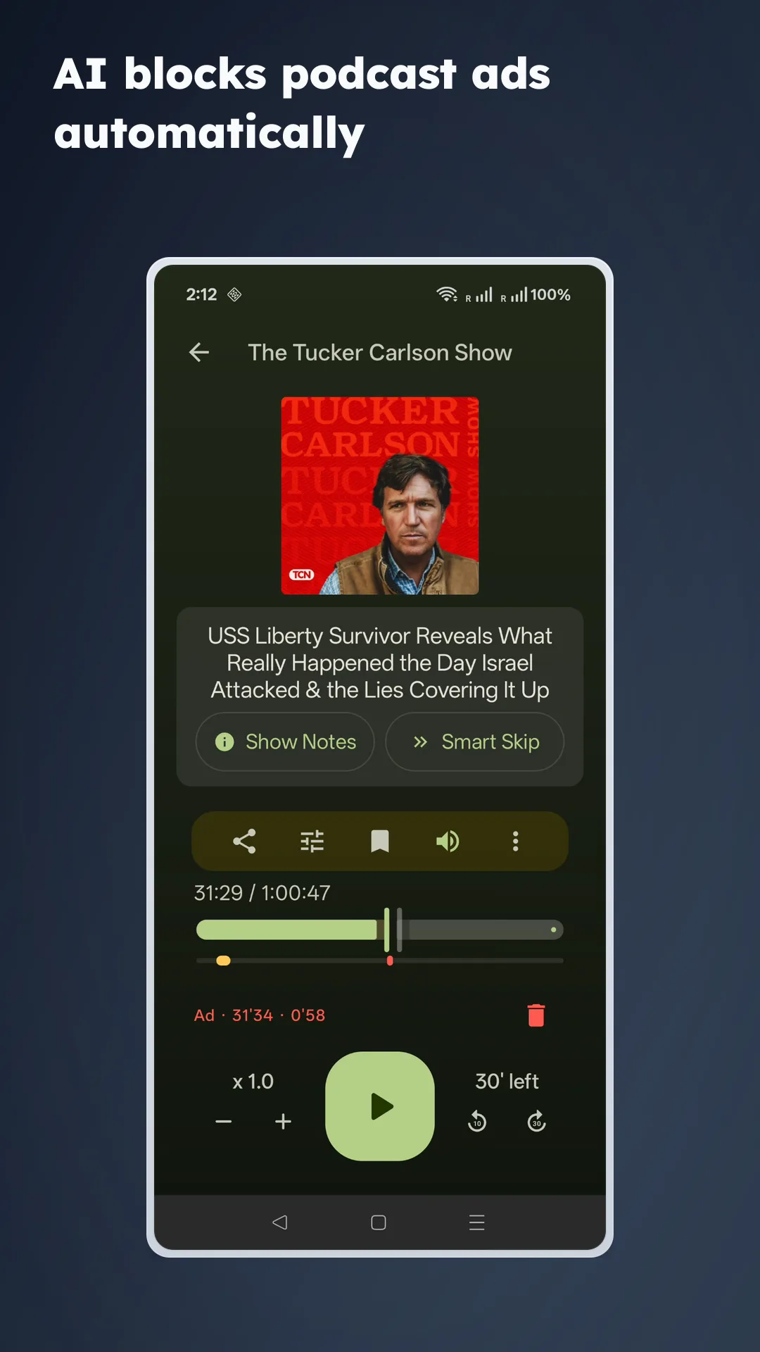 Fantasy Player showing an AI-detected podcast ad segment