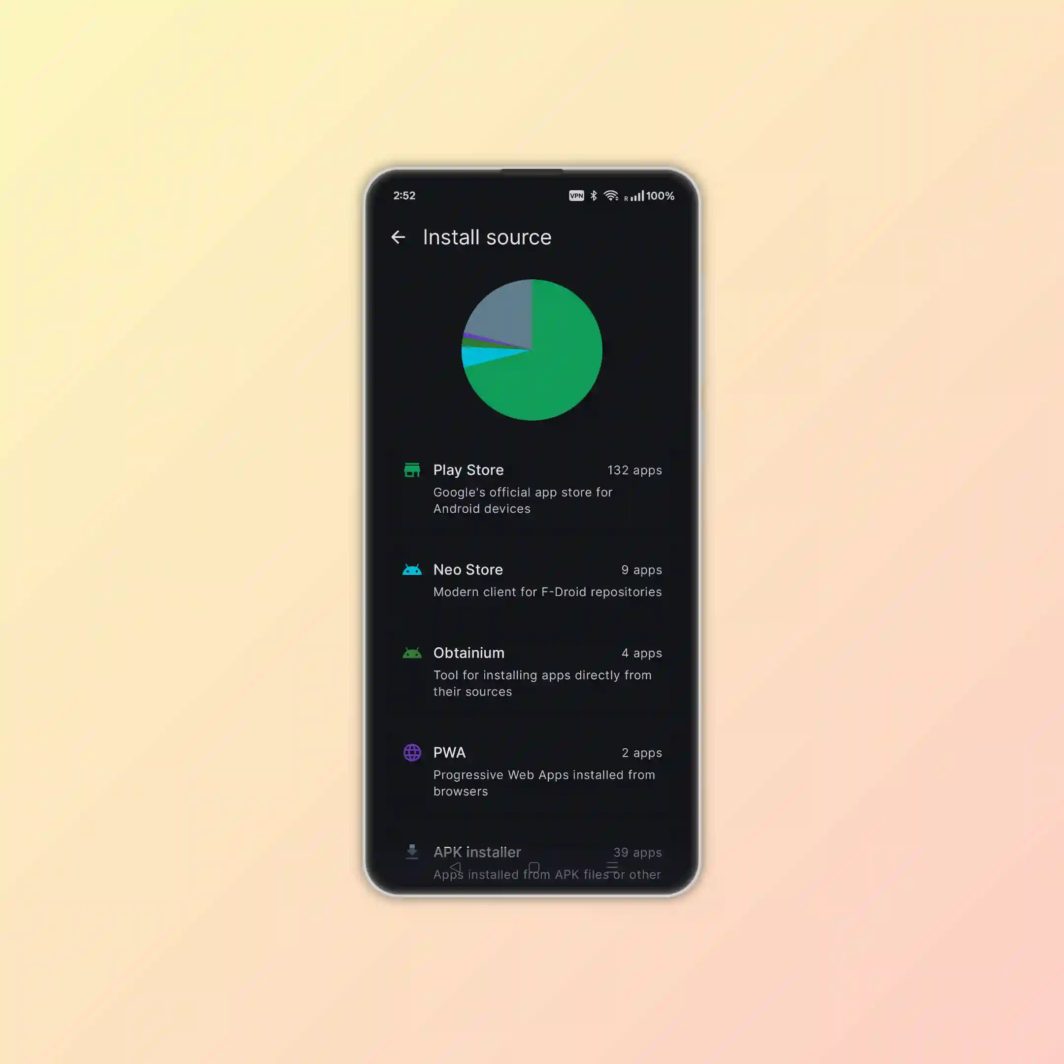 App install sources and statistics view