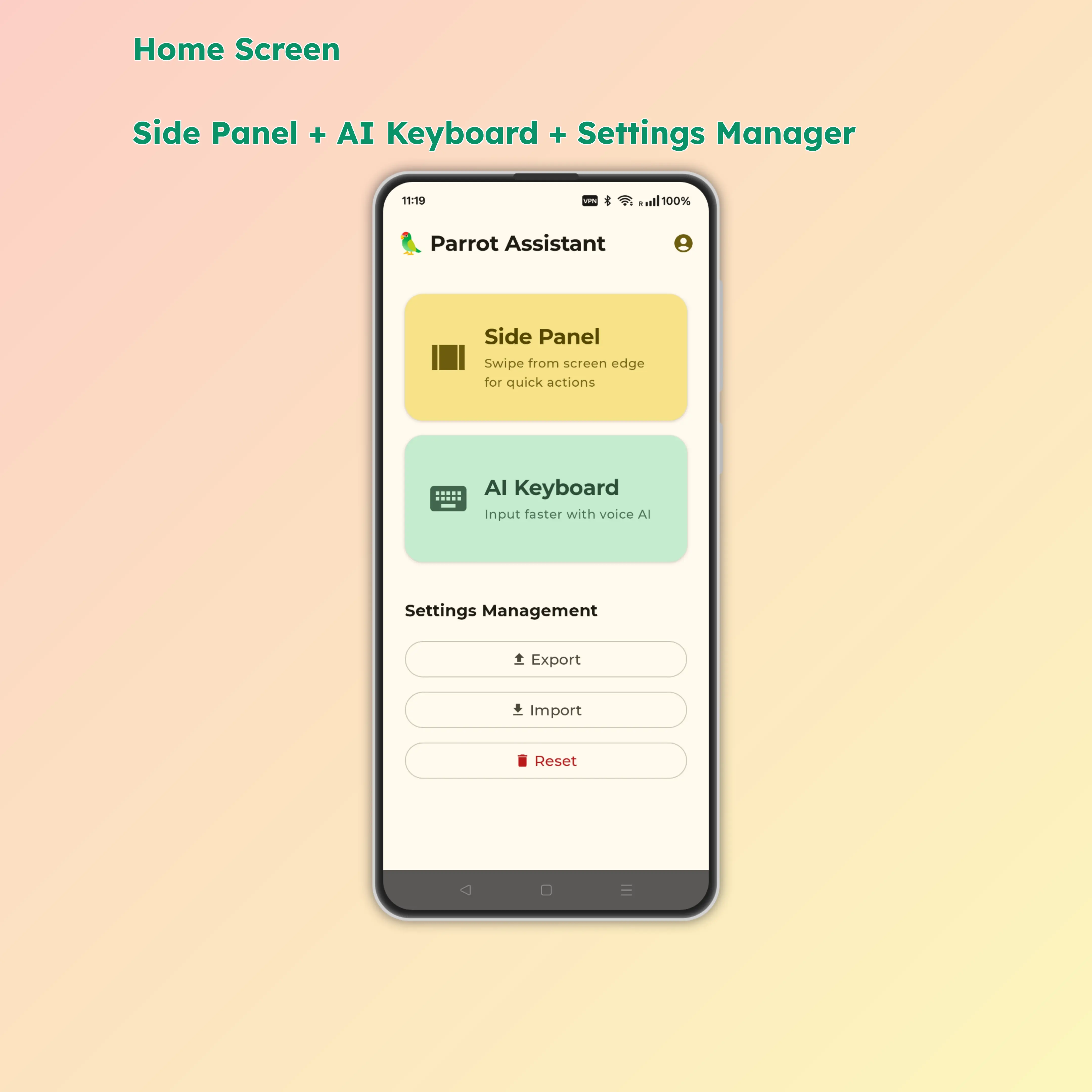Home screen showing Parrot Assistant