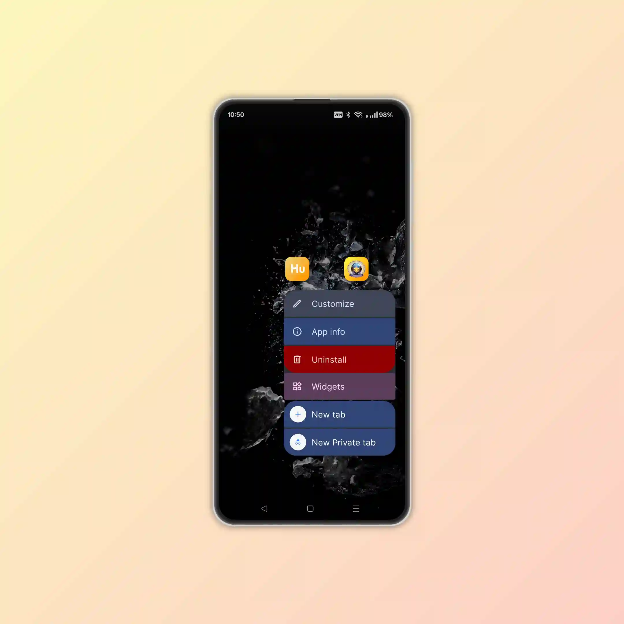 Long press on app icon showing contextual actions
