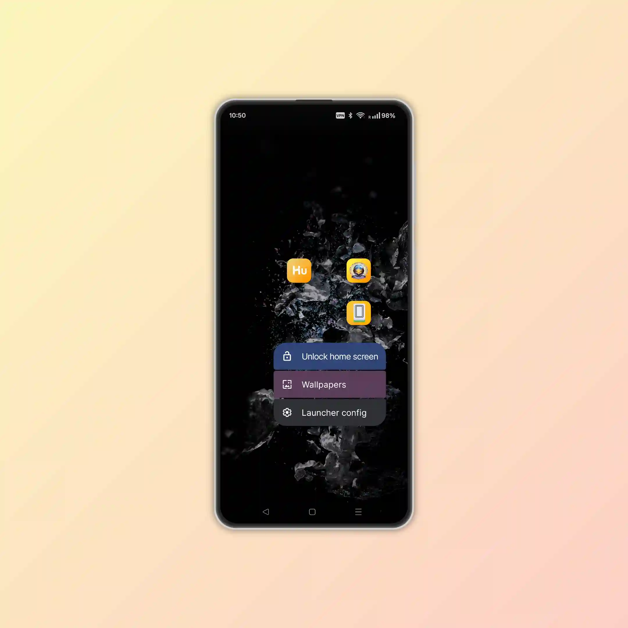 Long press on empty home screen showing settings shortcut