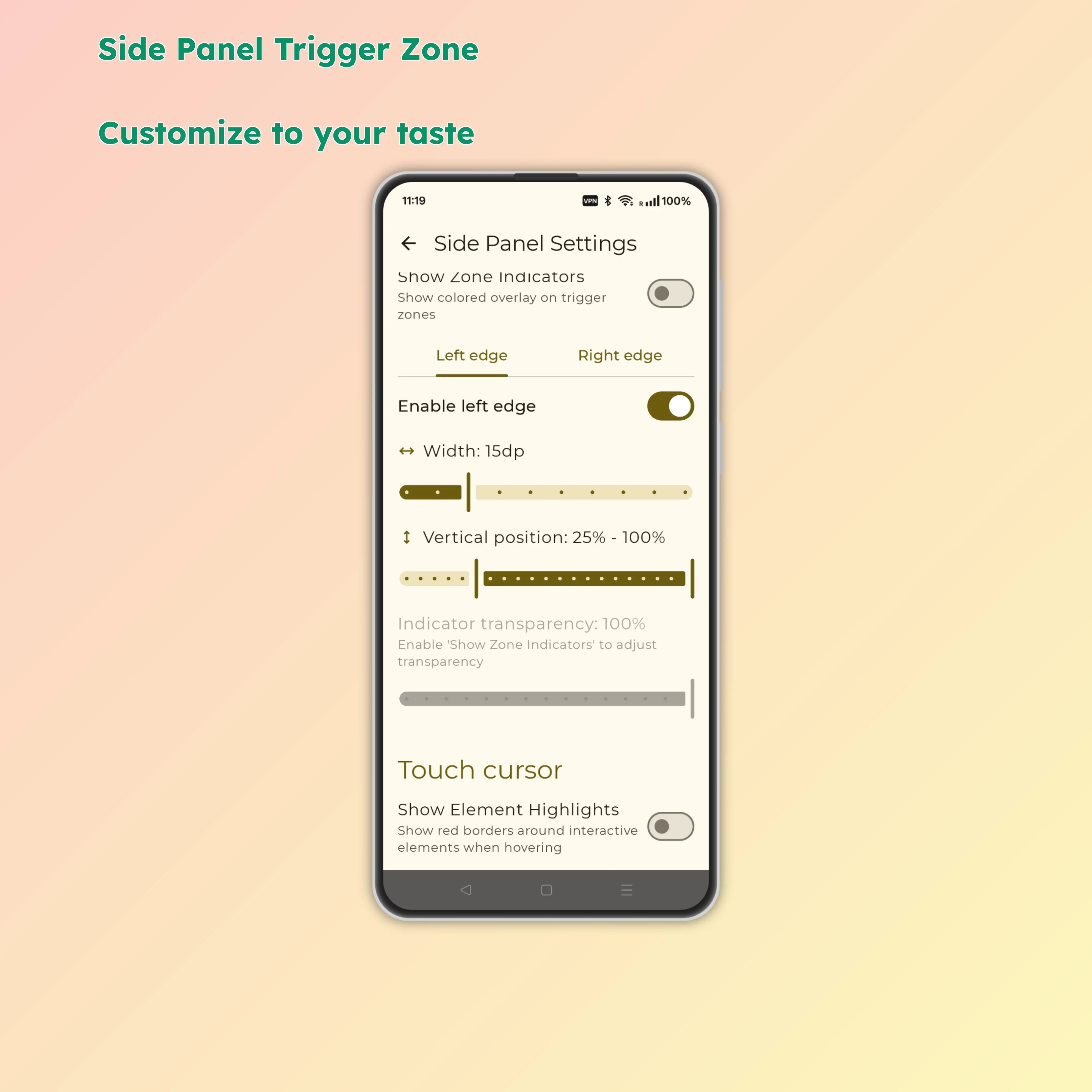 Side panel settings and customization options